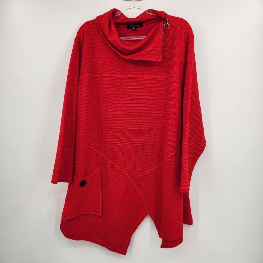 Calessa Long Sleeve Zip Cowl Neck Tunic Top Womens Size 2X Red Pullover Art